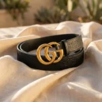 Black Gucci GG Supreme Pattern Leather Belt with Matte Gold Double G Buckle (3)