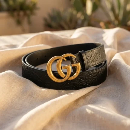Black Gucci GG Supreme Pattern Leather Belt with Matte Gold Double G Buckle (3)