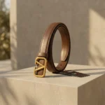 Brown Valentino Garavani VLogo thin leather belt with antique brass buckle on a stone pedestal (1)