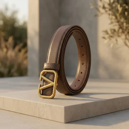 Brown Valentino Garavani VLogo thin leather belt with antique brass buckle on a stone pedestal (2)