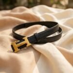 Signature Gold H-Buckle Slim Black Leather Belt for Women