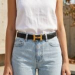 Signature Gold H-Buckle Slim Black Leather Belt for Women - Image 5