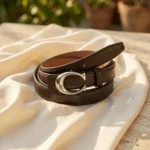Dark Brown Slim Leather Belt with Silver C Buckle for Women (2)