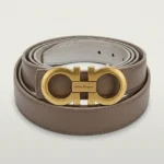 Ferragamo Womens Gancini Buckle Belt in Taupe Leather (1)