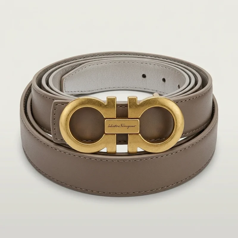 Ferragamo Womens Gancini Buckle Belt in Taupe Leather (1)