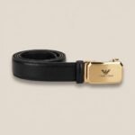Giorgio Armani Men's Black Textured Leather Belt with Gold Eagle Logo Automatic Buckle (1)