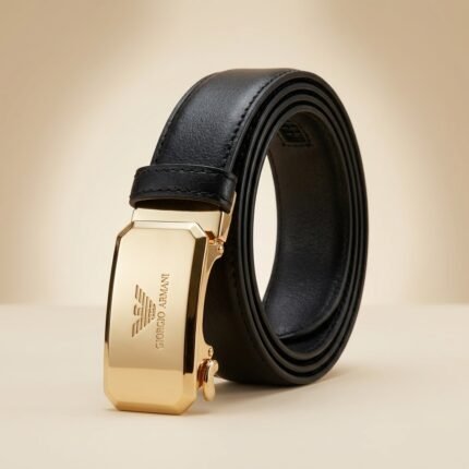 Giorgio Armani Men's Black Textured Leather Belt with Gold Eagle Logo Automatic Buckle (2)