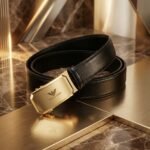 Giorgio Armani Men's Black Textured Leather Belt with Gold Eagle Logo Automatic Buckle (3)