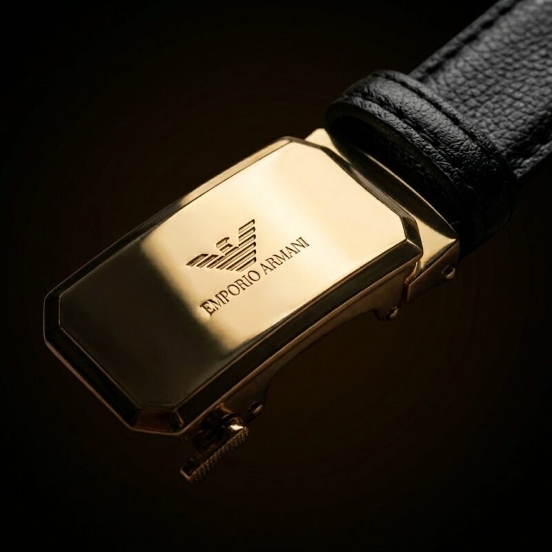 Giorgio Armani Men's Black Textured Leather Belt with Gold Eagle Logo Automatic Buckle (4)