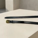 Gucci GG Marmont thin black leather belt with antique gold double G buckle (2)