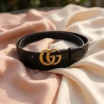 Gucci GG Marmont thin black leather belt with antique gold double G buckle (3)