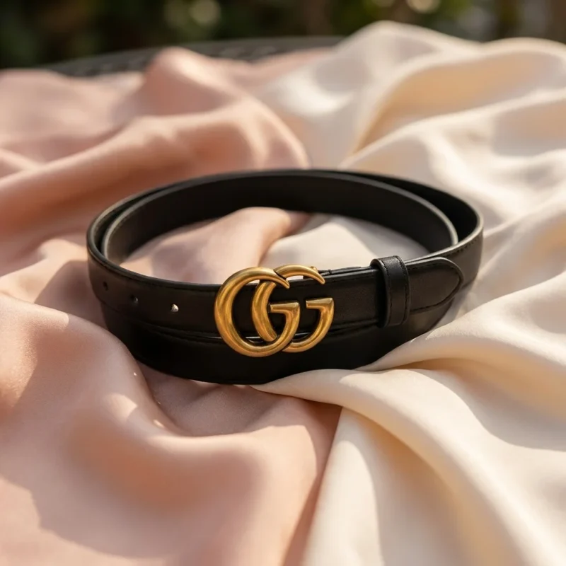 Gucci GG Marmont thin black leather belt with antique gold double G buckle (3)