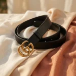 Gucci womens black leather belt with a large antique gold interlocking G buckle displayed on a stone plinth (3)