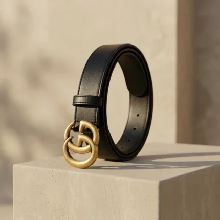 Gucci womens black leather belt with a large antique gold interlocking G buckle displayed on a stone plinth (4)