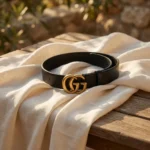 Gucci womens black leather belt with a large antique gold interlocking G buckle displayed on a stone plinth (5)