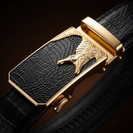 Men's Luxury Black Croc Patterned Leather Belt with Gold Crocodile Automatic Buckle (3)