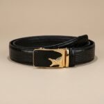 Mens Luxury Black Croc Patterned Leather Belt with Gold Crocodile Automatic Buckle (5)