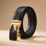 Mens Luxury Black Croc Patterned Leather Belt with Gold Crocodile Automatic Buckle (6)