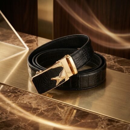 Mens Luxury Black Croc Patterned Leather Belt with Gold Crocodile Automatic Buckle (7)