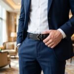 Men’s black textured leather belt with gold accented automatic sliding buckle (1)