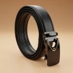 Men’s black textured leather belt with gold accented automatic sliding buckle (2)