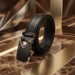 Men’s black textured leather belt with gold accented automatic sliding buckle (3)