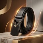 Men’s black textured leather belt with gold accented automatic sliding buckle (4)