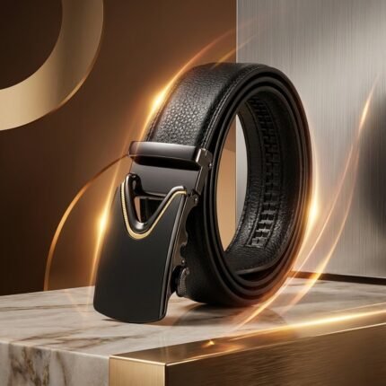 Men’s black textured leather belt with gold accented automatic sliding buckle (4)