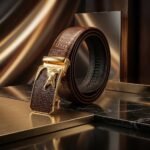 Men's premium brown crocodile embossed leather belt featuring a 3D gold tone wolf motif automatic buckle (1)