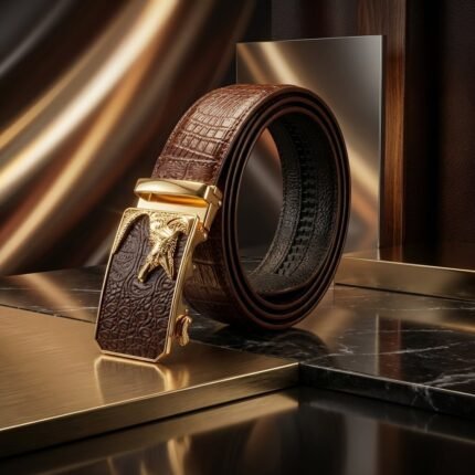Men's premium brown crocodile embossed leather belt featuring a 3D gold tone wolf motif automatic buckle (1)