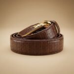 Men's premium brown crocodile embossed leather belt featuring a 3D gold tone wolf motif automatic buckle (2)