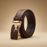 Men's premium brown crocodile embossed leather belt featuring a 3D gold tone wolf motif automatic buckle (3)