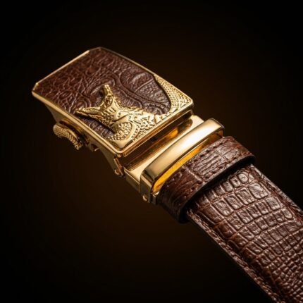 Men's premium brown crocodile embossed leather belt featuring a 3D gold tone wolf motif automatic buckle (5)