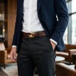 Men's premium brown crocodile embossed leather belt featuring a 3D gold tone wolf motif automatic buckle (7)