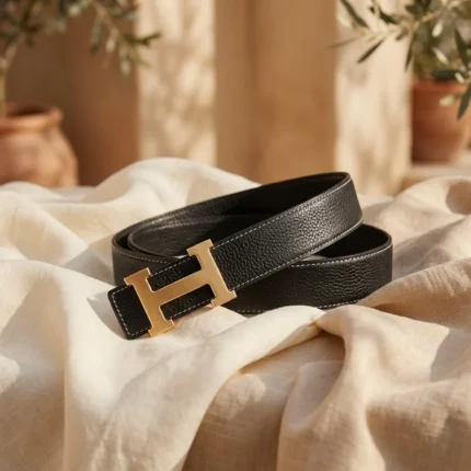 Premium womens black grained leather belt with a brushed gold H shaped buckle on a minimalist stone pedestal (10)