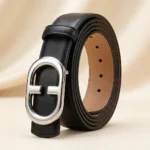Slim Black Leather Belt for Women with Polished Silver Oval Buckle (1)