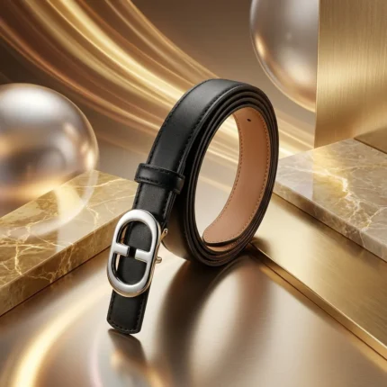 Slim Black Leather Belt for Women with Polished Silver Oval Buckle (5)