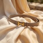 Elegant Slim Leather Belt with Signature Gold H-Buckle – Taupe - Image 6