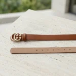 Slim Tan Leather Womens Belt with Double G Gold Buckle (1)