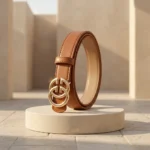 Slim Tan Leather Womens Belt with Double G Gold Buckle (2)