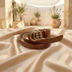 Slim Tan Leather Womens Belt with Double G Gold Buckle (3)