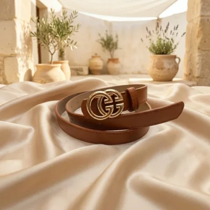 Slim Tan Leather Womens Belt with Double G Gold Buckle (3)