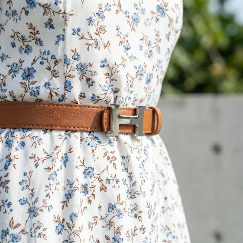 Slim Tan Leather Womens Belt with Silver H Buckle (1)
