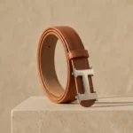 Slim Tan Leather Womens Belt with Silver H Buckle (3)