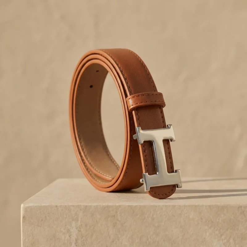 Slim Tan Leather Womens Belt with Silver H Buckle (3)