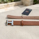 Slim Tan Leather Womens Belt with Silver H Buckle (4)