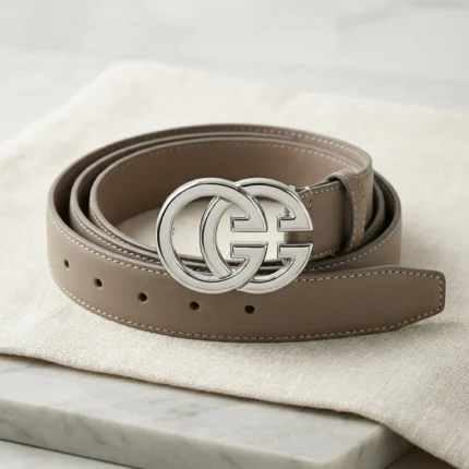 Slim Taupe Leather Womens Belt with Silver Double G Buckle (1)