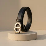 Slim black leather womens belt with gold oval CD monogram buckle (1)