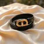 Slim black leather womens belt with gold oval CD monogram buckle (2)