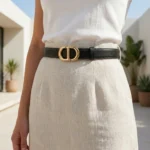Slim black leather womens belt with gold oval CD monogram buckle (3)